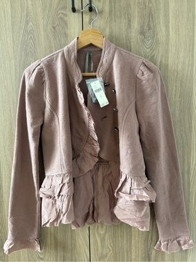 Anthropologie Blush Pink Ruffle-Trim Blazer Jacket